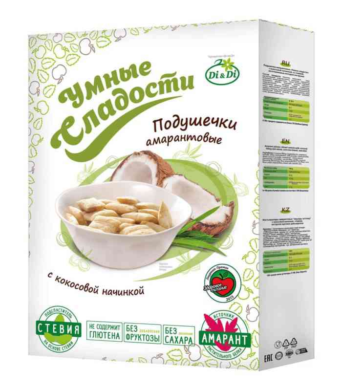 Подушечки амарантовые «Умные Сладости» с кокосовой начинкой со стевией 220гр