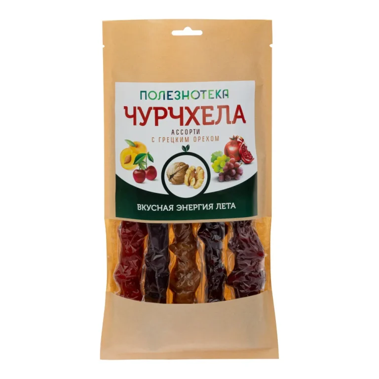 Полезнотека Чурчхела ассорти с грецким орехом(абрикос,вишня,гранат,светлый и темный виноград)5шт.в упаковке