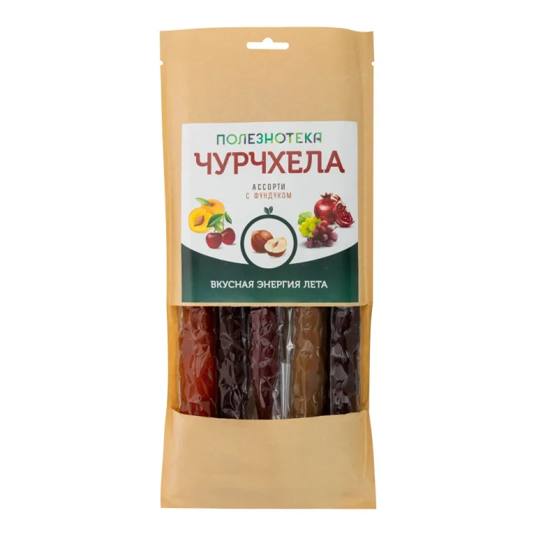 Полезнотека Чурчхела ассорти с фундуком (абрикос, вишня, гранат, светлый и тёмный виноград) 5шт.