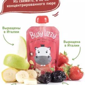 Buzy Lizzy Детское органическое пюре из яблок, банана, клубники и чернослива 100 гр.