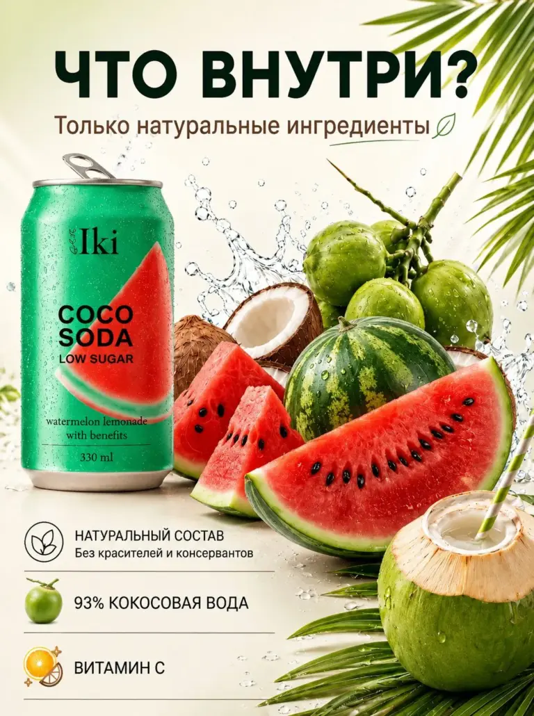 Iki Coco Soda Лимонад на основе кокосовой воды с соком Арбуза 330мл